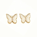 18k gold plated butterfly stud earrings with elegant white enamel and pearl luster finish - White