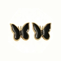 18k gold plated butterfly stud earrings with black enamel inlay in minimalist style - Black