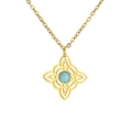 Golden Celtic knot pendant necklace with a round light blue gemstone on a gold chain - Double Witch Knot - Gold