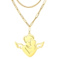 Double-layered gold stainless steel necklace with mother and child angel pendant - Style 1 (Heart Angel) / Double Layer Chain (Paperclip And Cross) / Gold