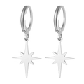Elegant silver stainless steel huggie hoop earrings with North Star eight-point dangles - Steel