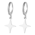 Classic silver stainless steel hoop earrings with hanging four-pointed star charms - Four-pointed Star / Steel