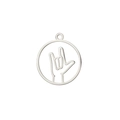 Polished silver stainless steel circular pendant with cut-out ASL I Love You sign gesture - I Love You Gesture / Silver I Love You Gesture
