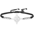 Adjustable black cord bracelet featuring a silver Celtic knot pendant and metal beads - Black Braided Rope / Steel