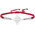 Red cord woven bracelet featuring a silver Celtic witch knot charm and metallic beads - Red Braided Rope / Steel