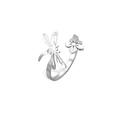 Adjustable silver dragonfly and flower open ring in polished stainless steel for women - Dragonfly / Silver