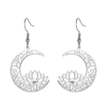 Silver stainless steel moon and lotus cutout drop earrings with yoga flower design - Steel Lotus Moon