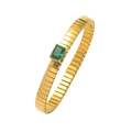 Detailed macro view of gold stretch bracelet featuring a rectangular emerald green zircon stone - Emerald Style Rectangular Stone (TT0384) / Gold-Green (TT0384)