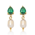 Macro detail of pear-cut green emerald and white baroque pearl drop earrings - Teardrop Green Rhinestone Pearl Style (E1127)