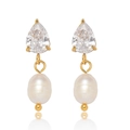 Detailed shot of gold drop earrings with teardrop zircon and elegant white pearls - Teardrop Clear Rhinestone Pearl Style (E1131)