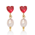 Detail view of heart-shaped red gems and natural freshwater pearls on golden drop earrings - Heart-Shaped Red Rhinestone Pearl Style (E1147)