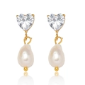 Elegant gold heart stud earrings featuring sparkling zircon and baroque pearl drops - Heart-Shaped Clear Rhinestone Pearl Style (E1423)