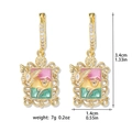 Detailed view of vintage gold frame earrings with rose motifs and product dimensions - Earrings Vintage Rectangular Butterfly Rose (E1464)