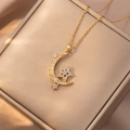 Elegant gold celestial moon and star necklace with shimmering cubic zirconia on silk - Nested Star and Moon Style (X4189) / Gold