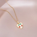 Detail of gold heart pendant with red enamel cherry pattern and polished bead edges - Heart Beaded Edge Cherry (X4437) / Gold