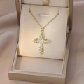 Elegant gold cross necklace with heart zircon pendant in a premium gift box display - Gold Heart Clear Zircon Cross (X4403)