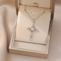 Exquisite cross pendant necklace with zircon stones in a premium champagne gift box - Geometric Frame Splicing Cross Style (X4602) / Silver