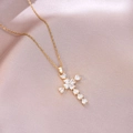 Elegant gold-plated cross necklace with heart-shaped zircon stones on pink silk fabric - Heart and Round Stone Style (X4478)
