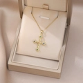 Golden cross necklace with colorful zircons in a premium champagne jewelry box - Vintage Hammered Colorful Zirconia Cross Style (X4600)