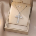 Detail view of cross pendant necklace with round clear zircons in a premium jewelry box - Cluster Micro-inlaid Silver Cross Style (X4597) / Silver