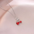 Minimalist cherry necklace with heart-shaped red crystals and sparkling silver leaves - Heart Red Cherry (X4428) / Silver