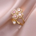 Anello regolabile in oro a forma di quadrifoglio con pietre rosa e cristalli lucidi - Anello Rotante Cuore Rosa