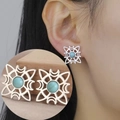 Detail of Celtic witch knot earrings featuring silver hollow design and turquoise stones - Silver Color Four Moons Witch Knot