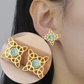 Detail view of gold Celtic witch knot stud earring featuring a turquoise stone inlay - Gold Four Celtic Knots