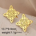 Detail view of gold Celtic witch knot stud earrings with dimensions 13.7mm by 9.9mm - Gold Color Celtic Knot