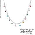 Silver stainless steel necklace with colorful round crystals measuring 45cm plus 5cm extender - Steel Color - Mix (Multi-color)