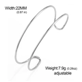 Brazalete ajustable minimalista de doble capa de acero inoxidable color plata - 22mm de Ancho / Estilo Liso Plateado