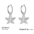 Silver starfish pendant hoop earrings with detailed stripes and stainless steel finish - Steel Color Starfish