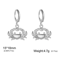 Silver stainless steel crab dangle hoop earrings with summer ocean animal charms - Steel Color Crab