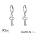 Silver stainless steel hoop earrings with clover-shaped key pendants and size dimensions - Steel Flower Key