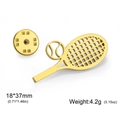 Golden tennis racket brooch pin in polished 304 stainless steel with shiny finish - Gold Tennis Racket and Ball Style