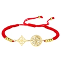 Detail of red braided cord bracelet featuring golden witch knot and pentagram charms - Double Charm Red Rope Style 2 / Gold
