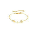 Detail of gold stainless steel bracelet with religious Virgin Mary and witch knot charms - Triple Charm Cross Chain Style 2 / Gold