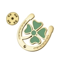 Golden horseshoe lapel pin with green four-leaf clover and pyramid metal butterfly clutch - Horseshoe Clover Style / Gold Style 2