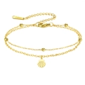 Double-layered golden stainless steel anklet with round beads and a scallop shell pendant - Shell Pendant (Double Layer) / Gold