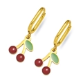 Close-up of golden cherry drop earrings with red polished beads and green leaf detail - Red Fruit Cherry Dangle Earrings (E1512)