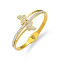 Detailed macro view of gold butterfly bangle featuring micro-pave crystals and spring hinge - Double Symmetrical Butterfly Pave Style (TT0632)