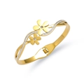 Macro-opname van gouden roestvrijstalen open armband met kristallen bloemmotief - Stijl met Dubbele Bloem en Zirkonia