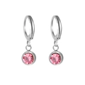 Silver drop earrings with pink birthstone crystal in a minimalist circular setting - Steel Tone April-Clear White