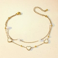 Close-up of double-layer gold anklet with heart pendants, pearls, and lobster clasp closure - Heart Shell Bead Pearl Style (TL0025)