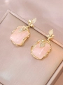 Detail of pink crystal earrings with golden vine leaves and sparkling diamonds - Earrings Only (Without Necklace) (E1224)