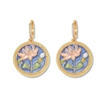 Vintage Emaille-Ohrringe mit Süßwasserperlen und rosa Lotusblüten im Goldrahmen - Blau-Violetter Verlauf Runde Lotus-Stil / Blaue Perle (E1417)