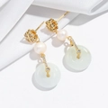 Clover freshwater pearl and green jade donut drop earrings with gold plating - Heart Peace Buckle Earrings / Gold
