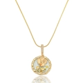 Detail of gold floral enamel pendant with pearl accents on a sleek snake chain - 3D Relief Flower Blue Background Style (X3975)