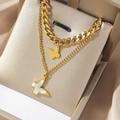 Collana a doppio strato in oro con ciondoli a farfalla, zirconi e madreperla - Catena Cubana con Farfalla Madreperla a Strati (T0482)