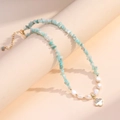 Perlenkette mit Süßwasserperlen, grünen Mineralsteinen und Kleeblatt-Anhänger - Grünblau